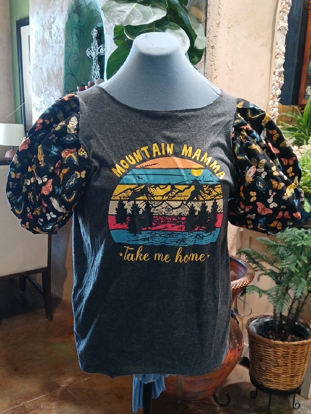 Mountain Mamma 'Take Me Home' Puff Sleeve Tee - Charcoal with Floral Sleeves